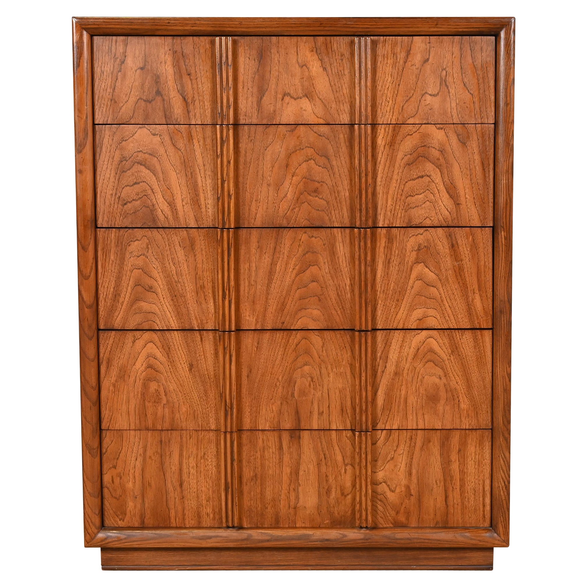 Henredon Mid-Century Modern Sculpted Walnut Highboy Dresser, Circa 1970s