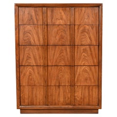 Henredon Mid-Century Modern Sculpted Walnut Highboy Dresser, Circa 1970s