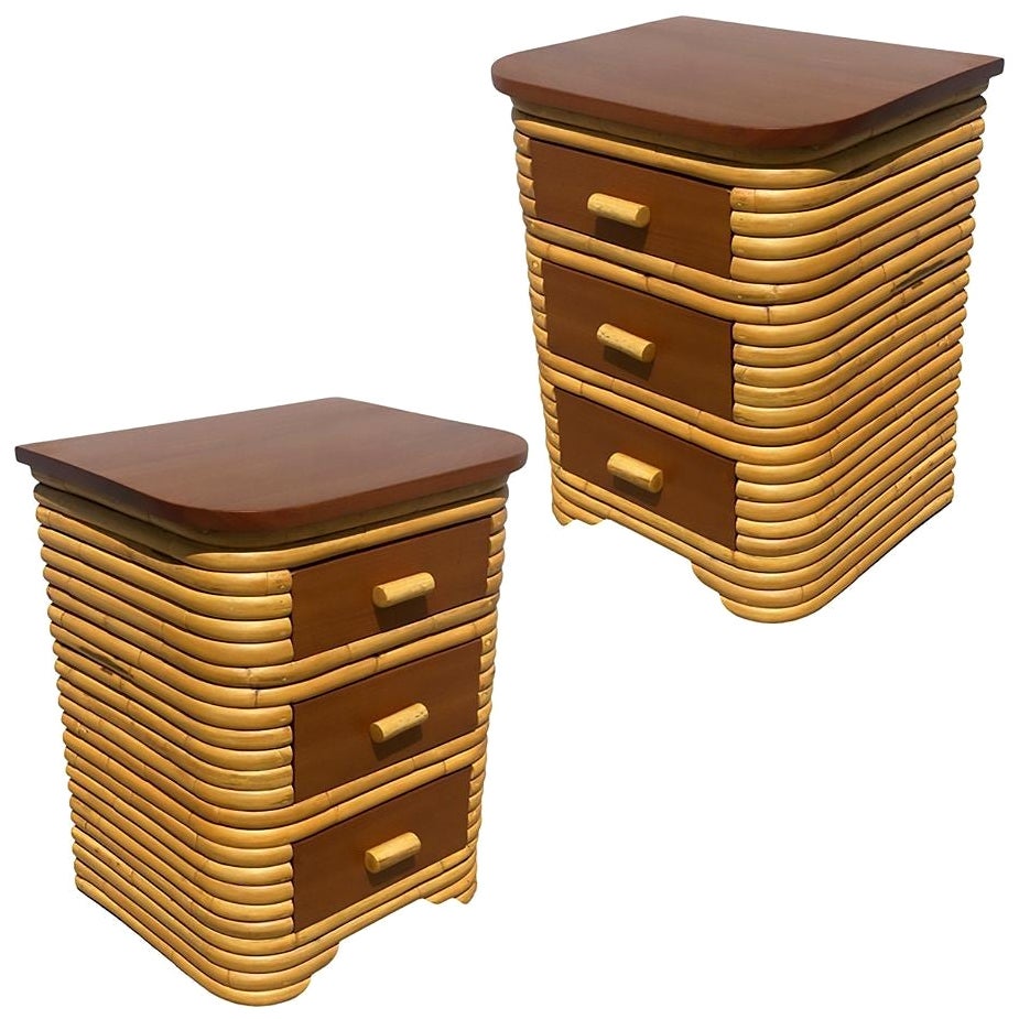 Restored Streamline Art Deco Stacked Rattan Bedside Table W/ Mahogany Top, Pair