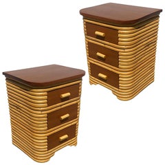 Restored Streamline Art Deco Stacked Rattan Bedside Table W/ Mahogany Top, Pair