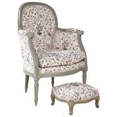 Grey Painted 19th Century Bergère and Stool