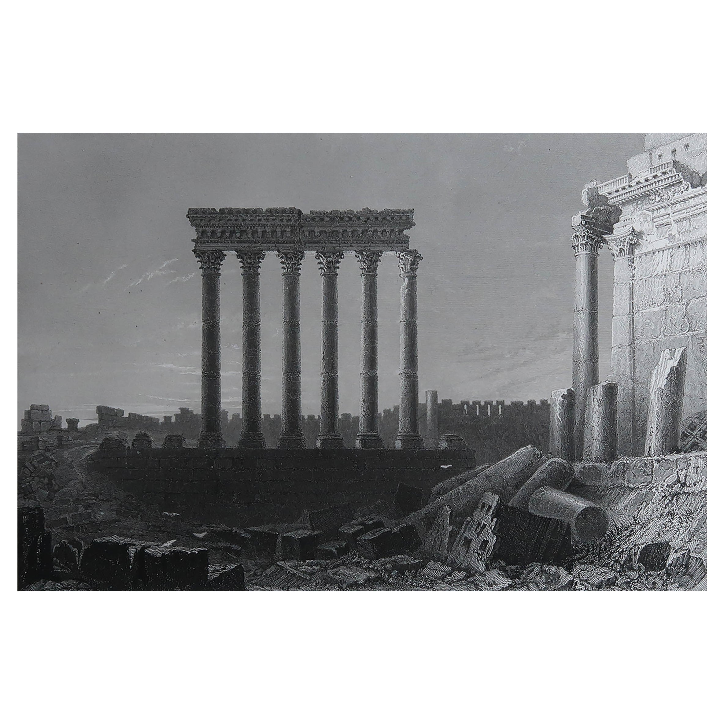 Grabado original antiguo del Templo de Baalbek, Líbano. Fechado en 1838