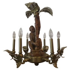 Vintage Monkey & Brass Palm Frond Leaf Tree Chandelier Tropical Palm Beach