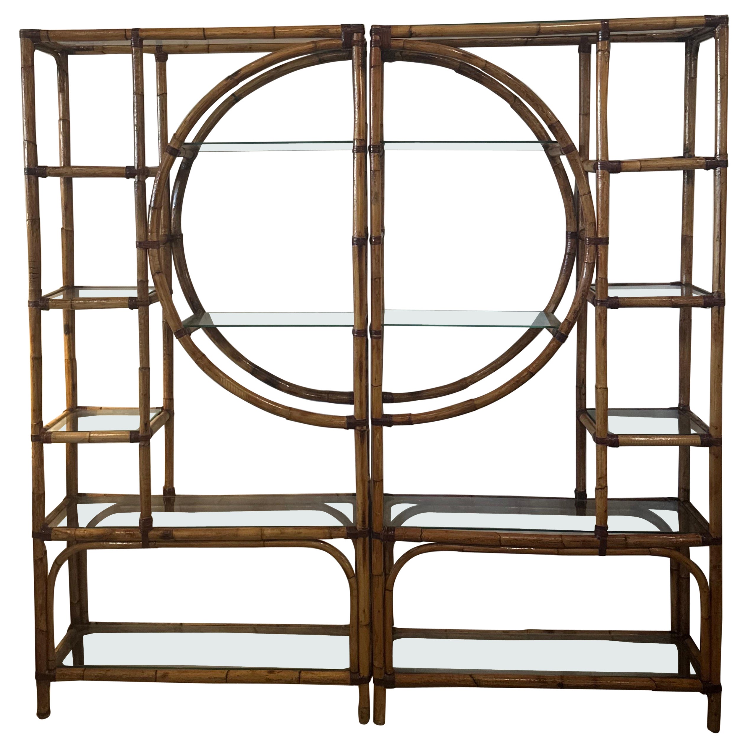 1970s Palm Beach Circle Rattan Bamboo New Glass Shelves Etagere Pair Shelf