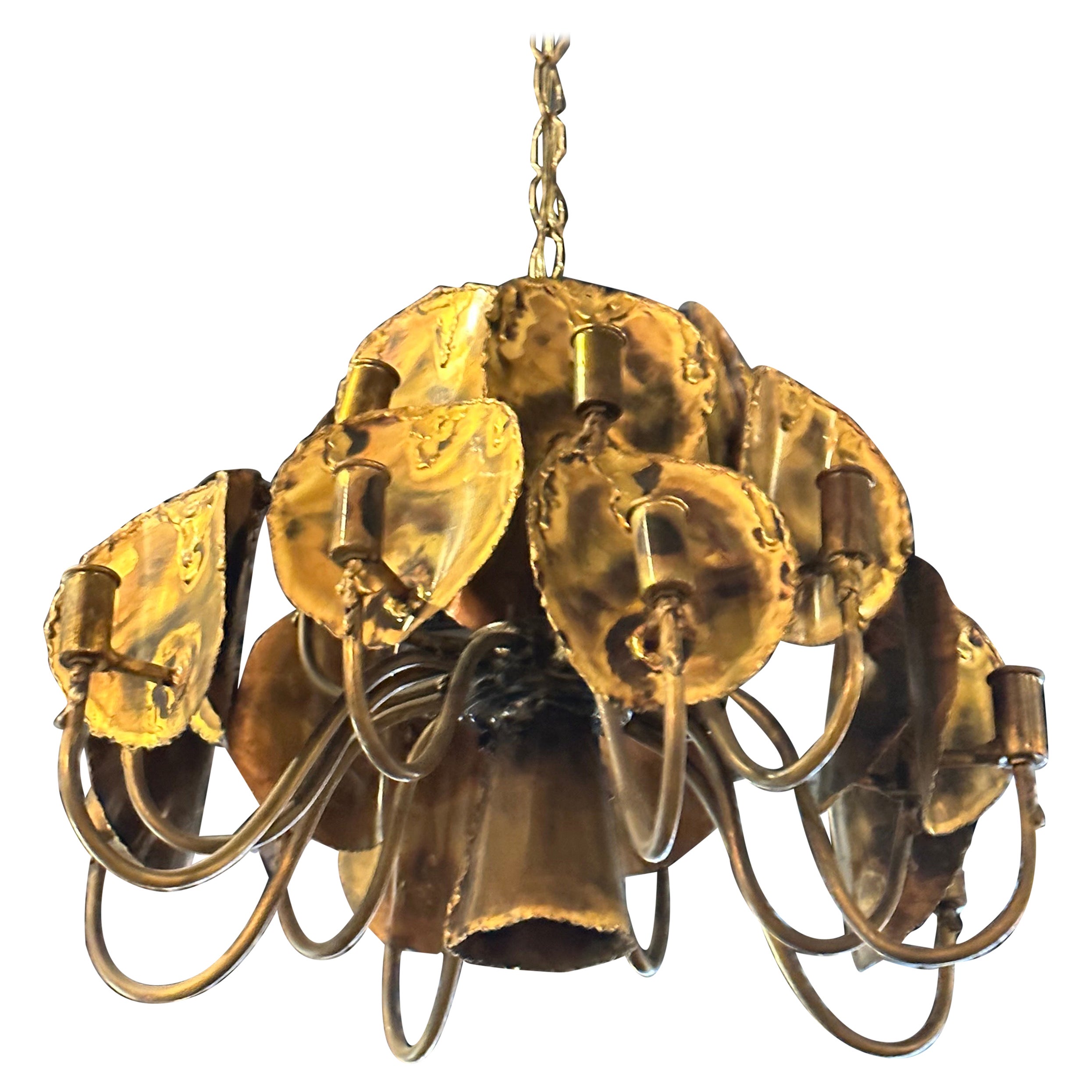 Brutalist Tom Green for Feldman Torch Cut Metal Brass Chandelier 19 Light