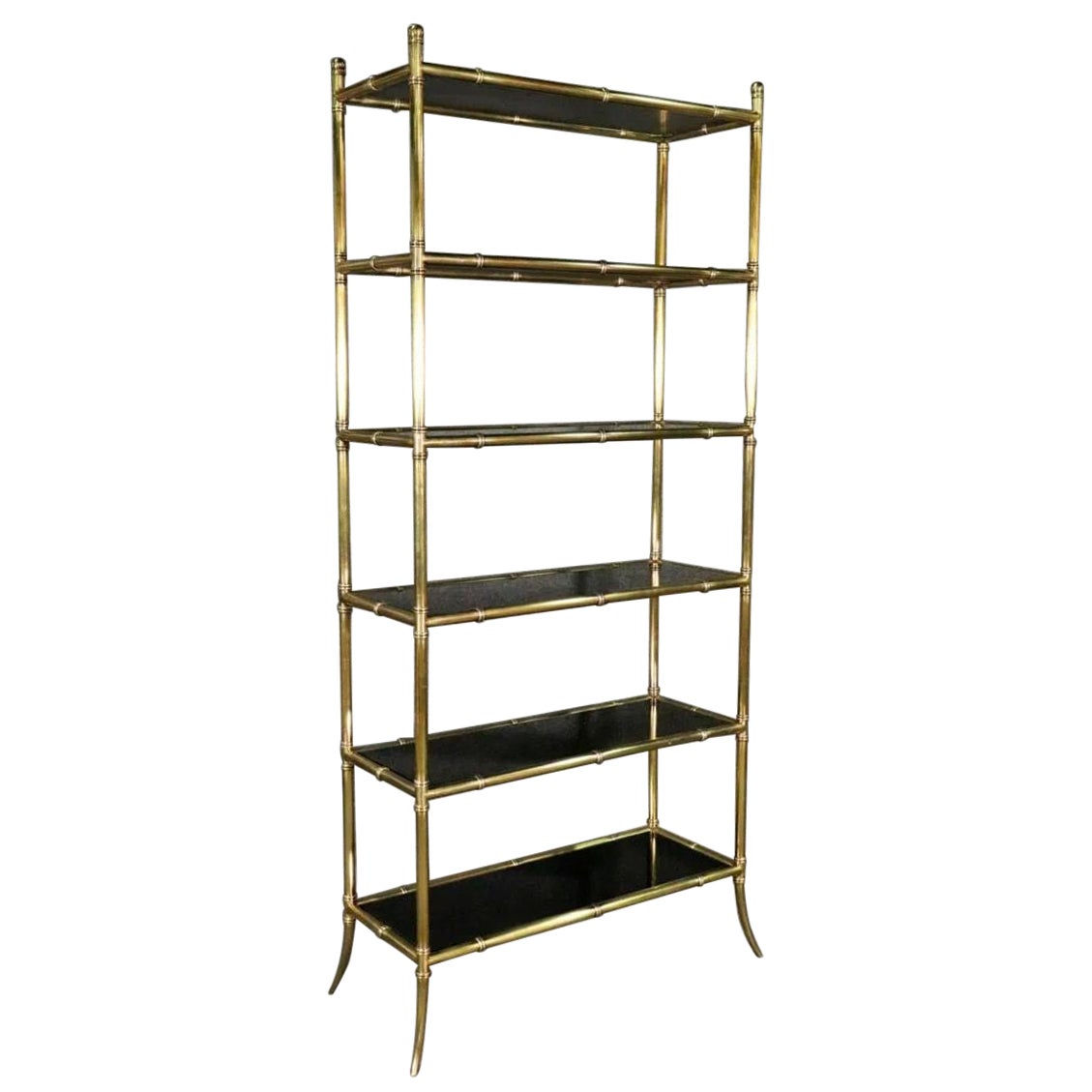 Etagere francese in stile Maison Jansen con vetro nero e ottone in vendita