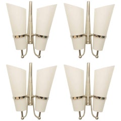 Set of four Italian Modern Nickel and Glass Wall Lights, Attributed to Stilnovo