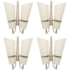 Set of four Italian Modern Nickel and Glass Wall Lights, Attributed to Stilnovo 8