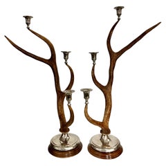 21th Century Pair of Deer Antler and Metal Candlestick