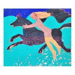Large Linda Scott Painting on Canvas, "Dark Horse With Female Rider"
