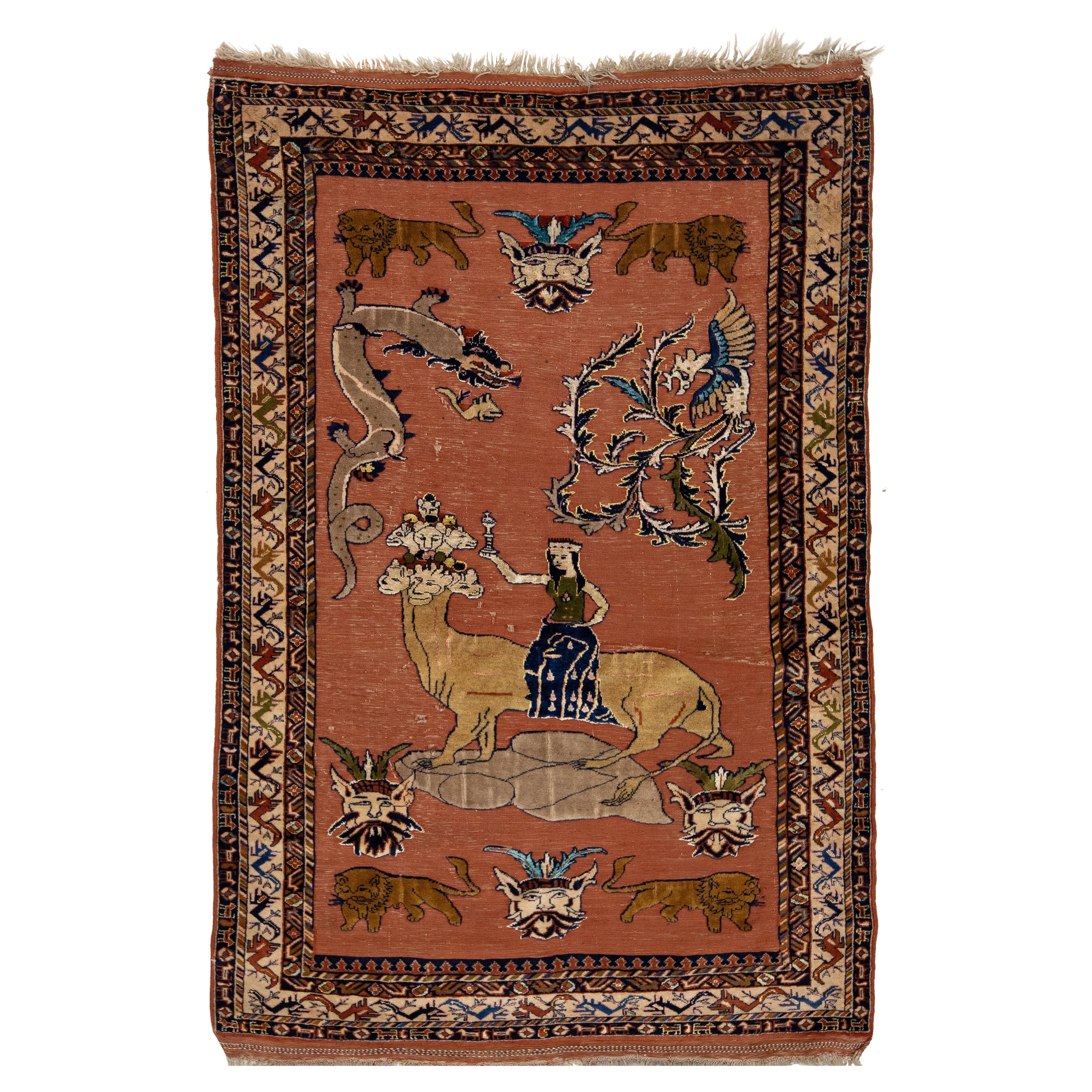 Antico tappeto persiano Tabriz in lana terracotta con disegno pittorico