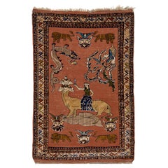 Antique Persian Tabriz Terracotta Wool Rug With Pictorial Design