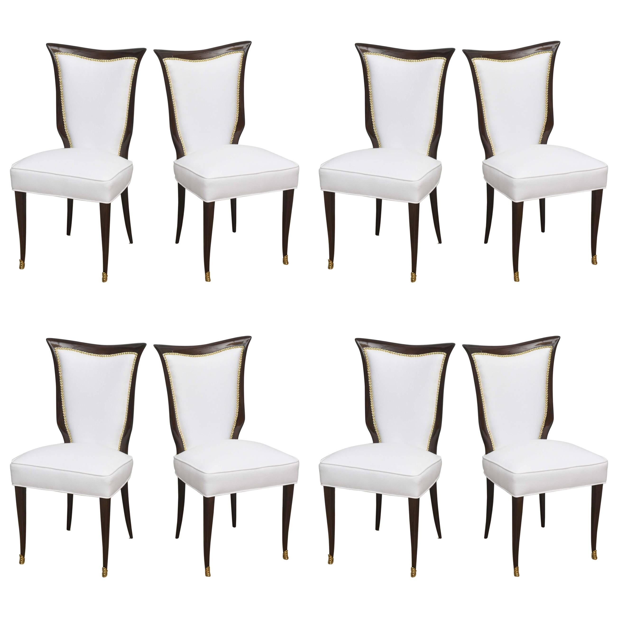 Set of Eight Italian Modern Mahogany and Brass Dining Chairs, Osvaldo Borsani