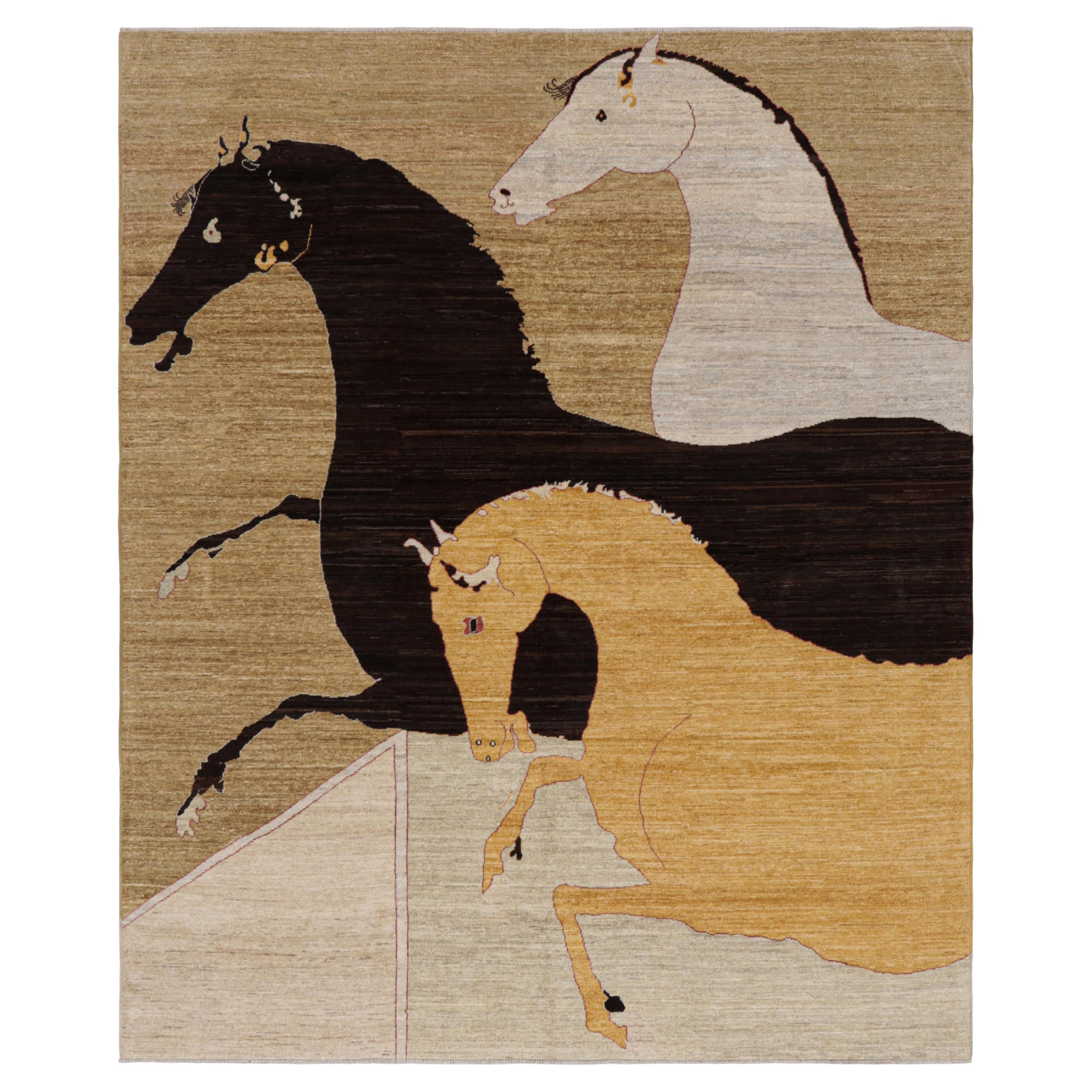 Rug & Kilim’s Modern Classics Rug with Black, White, and Gold Horse Pictorials For Sale
