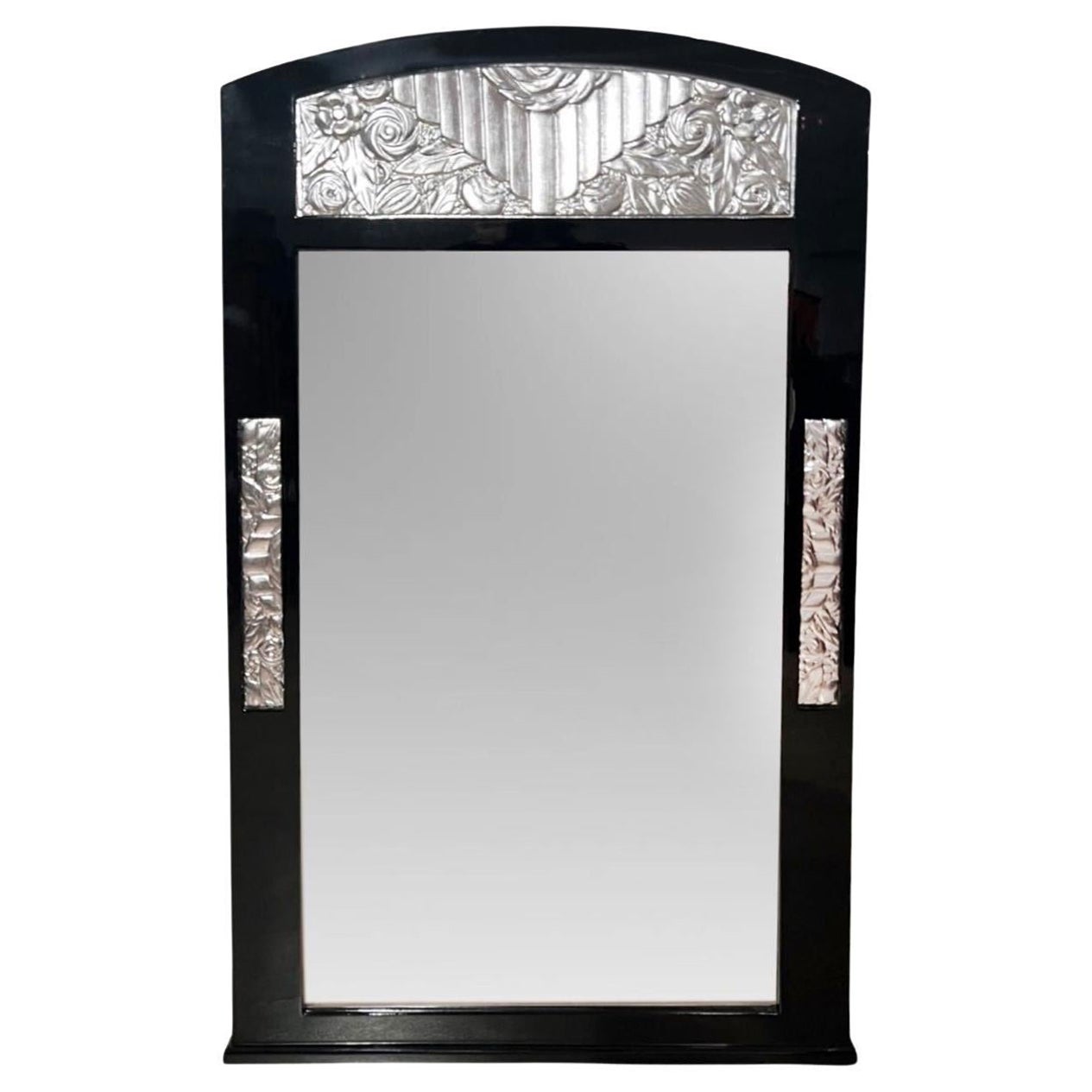 Art Deco Wall Mirror, Black Lacquer, Silver Leaf, France circa 1930