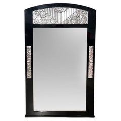 Vintage Art Deco Wall Mirror, Black Lacquer, Silver Leaf, France circa 1930