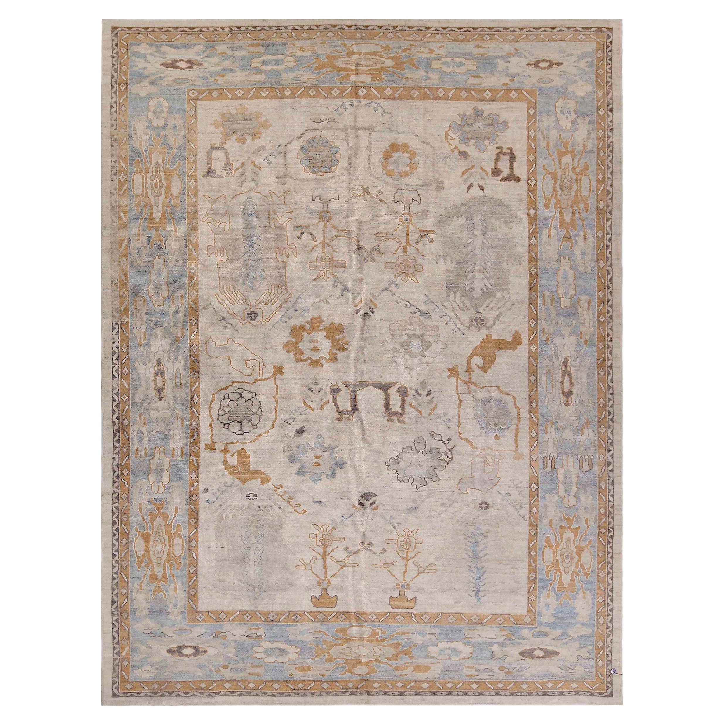 Persian Oushak Area Rugs Circa 1990 - Wool Blue Ivory Yellow Design - 89000 For Sale
