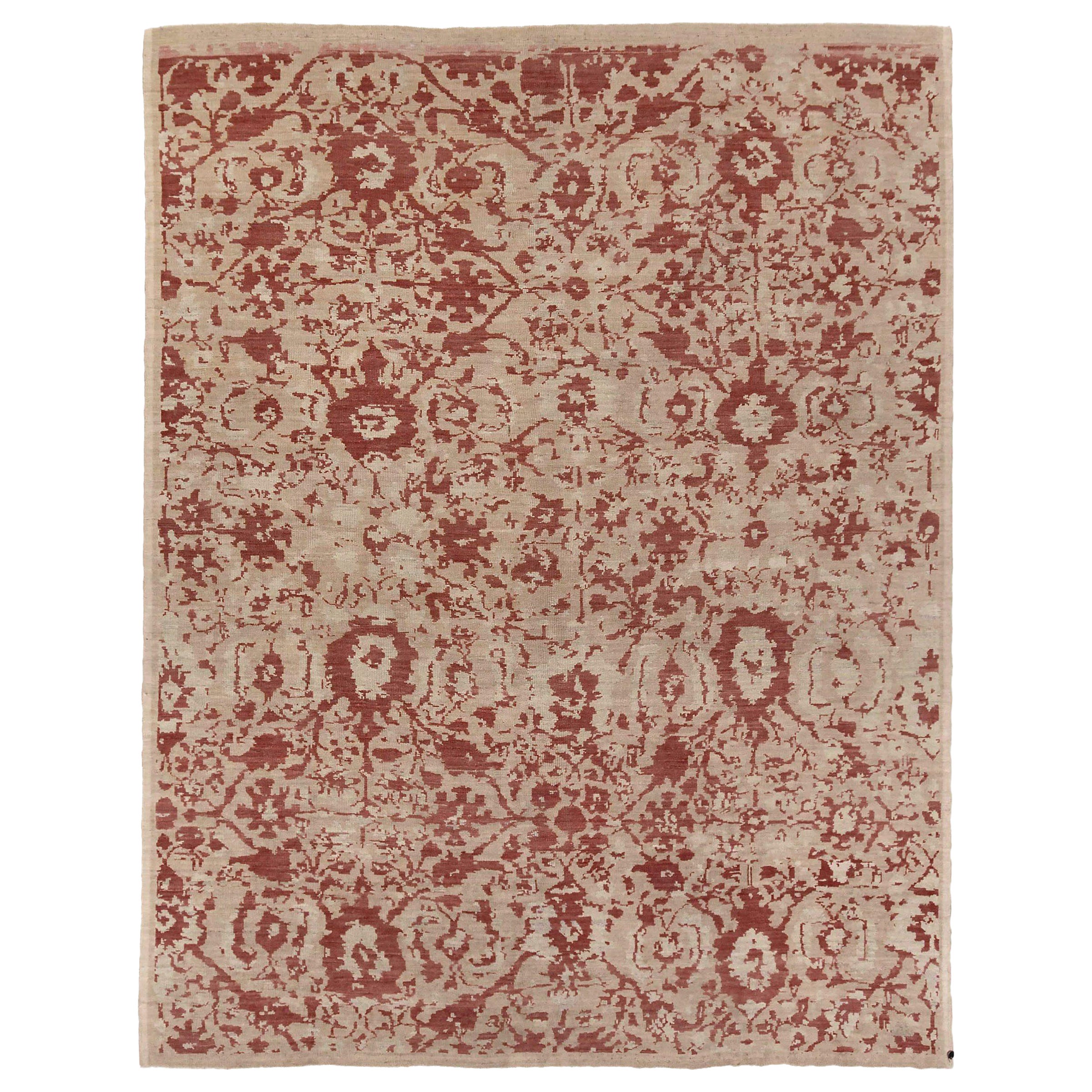 Persian Oushak Area Rugs Circa 1990 - Wool Ivory Red Taupe Design - 89017
