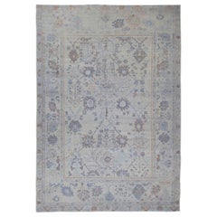 Persian Oushak Area Rugs Circa 1990 - Wool Blue Gray Ivory Design - 89004