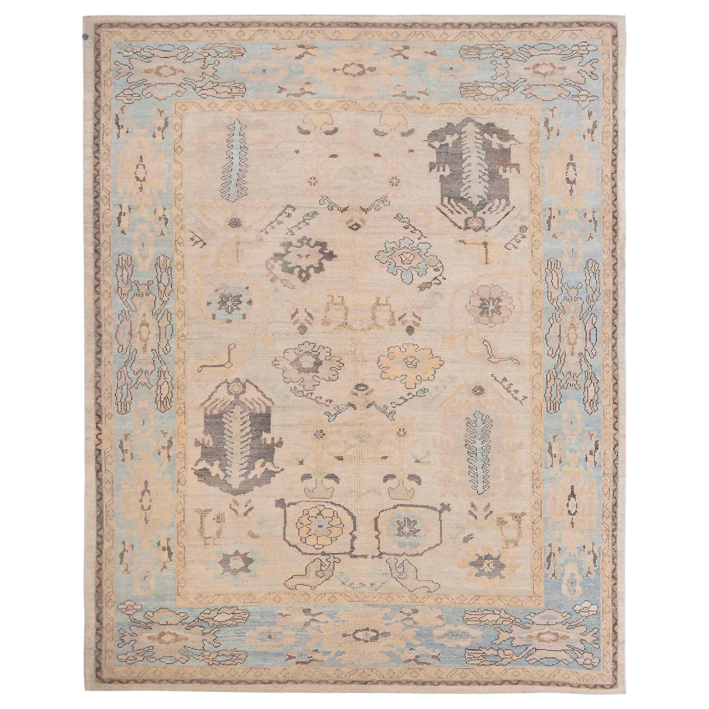 Persian Oushak Area Rugs Circa 1990 - Wool Blue Ivory Design - 89006