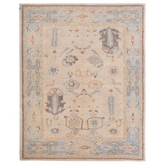 Persian Oushak Area Rugs Circa 1990 - Wool Blue Ivory Design - 89006