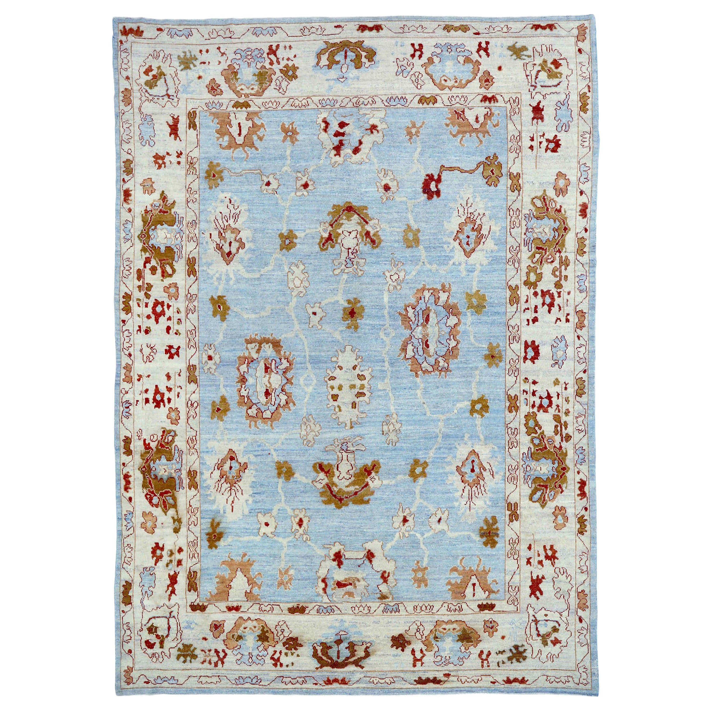 Persian Oushak Area Rugs Circa 1990 - Wool Blue Ivory Design - 89023