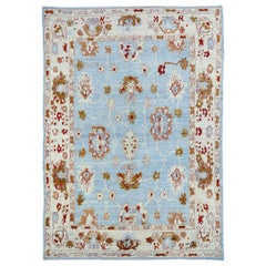Persian Oushak Area Rugs Circa 1990 - Wool Blue Ivory Design - 89023