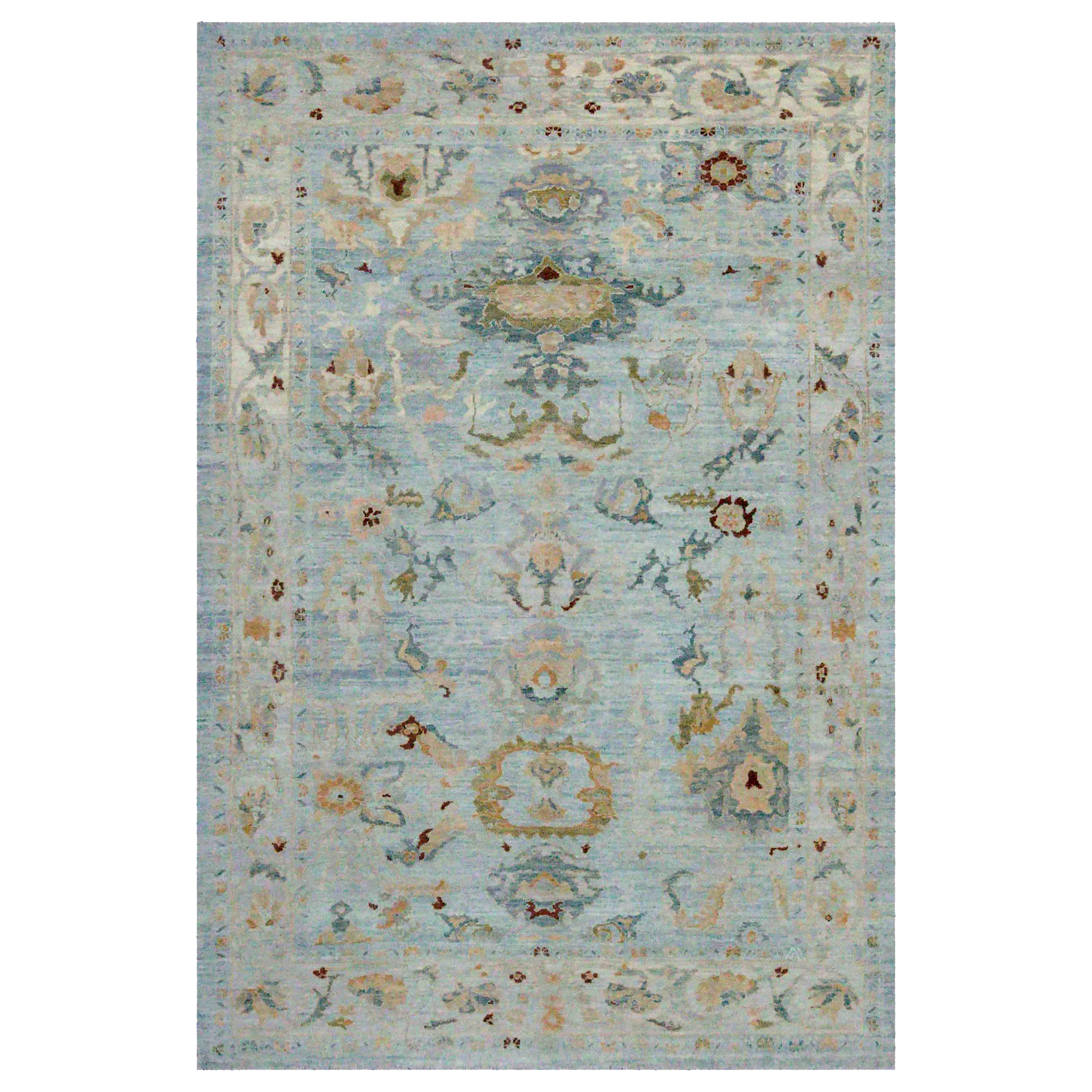 Persian Oushak Area Rugs Circa 1990 - Wool Blue Ivory Design - 89025