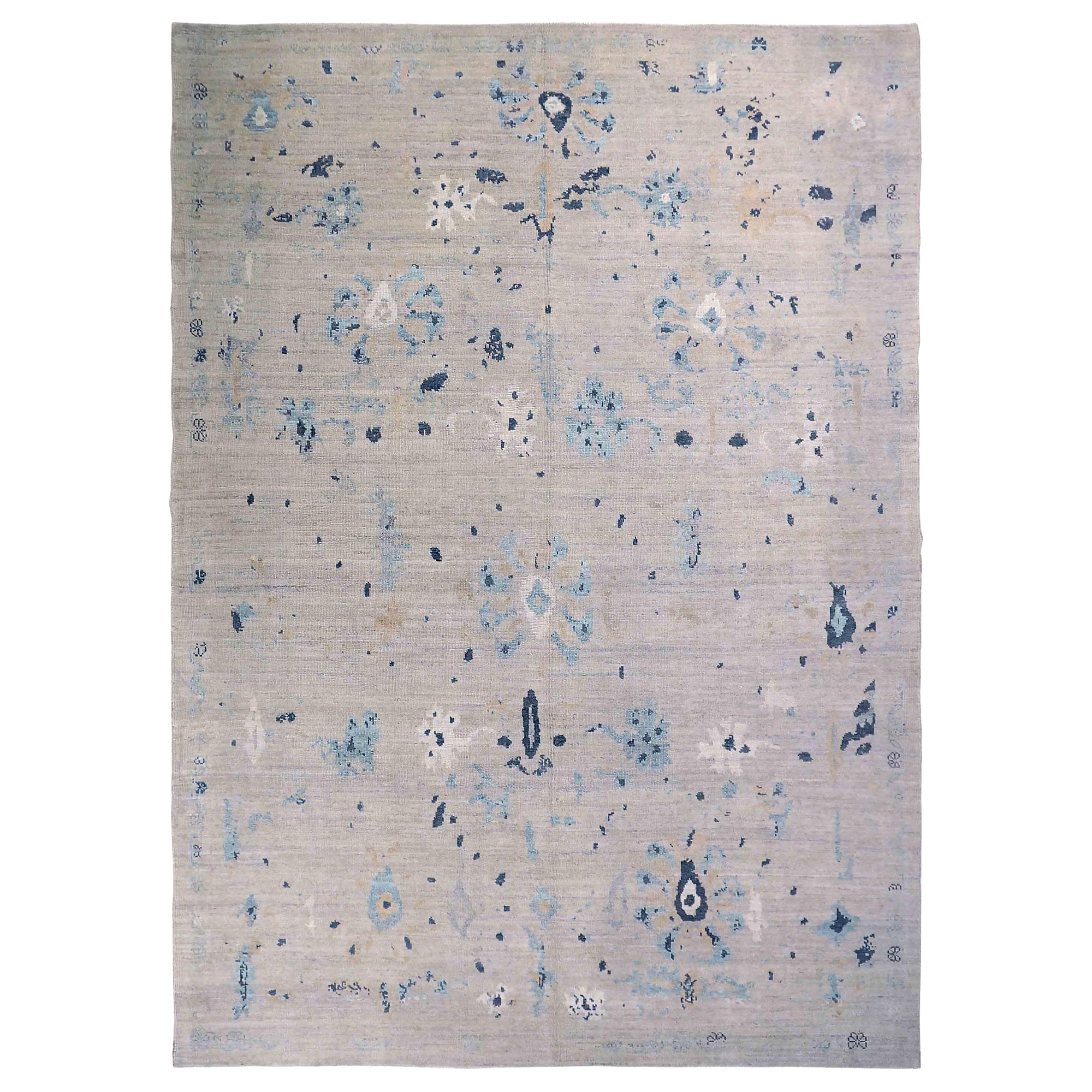 Persian Oushak Area Rugs Circa 1990 - Wool Blue Ivory Design - 89027