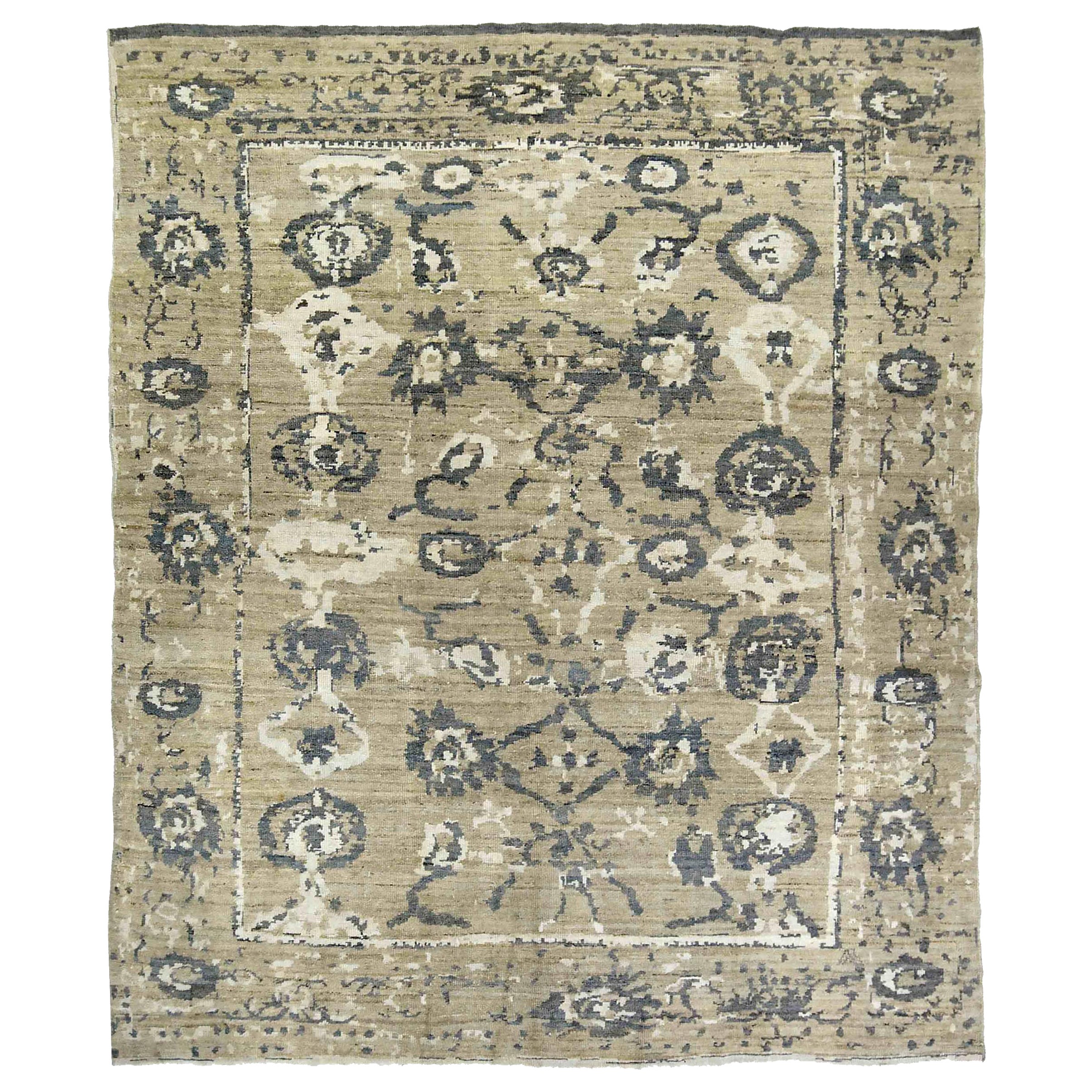 Persian Oushak Area Rugs Circa 1990 - Wool Brown Ivory Taupe Design - 89028