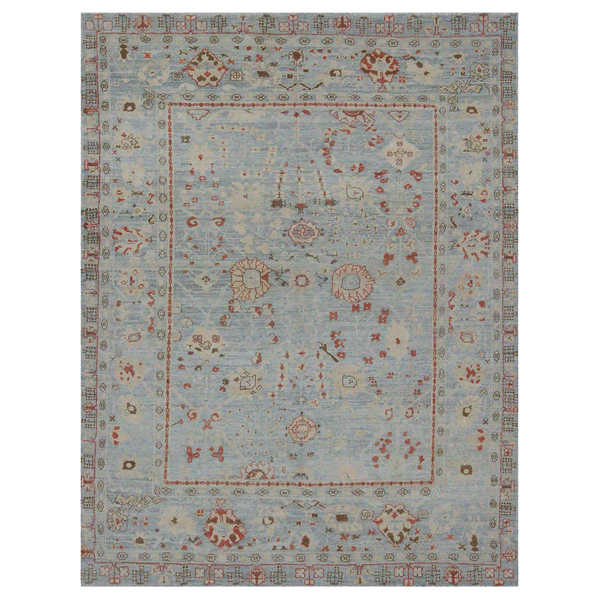 Persian Oushak Area Rugs Circa 1990 - Wool Ivory Light Blue Red Design - 89046