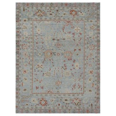 Persian Oushak Area Rugs Circa 1990 - Wool Ivory Light Blue Red Design - 89046