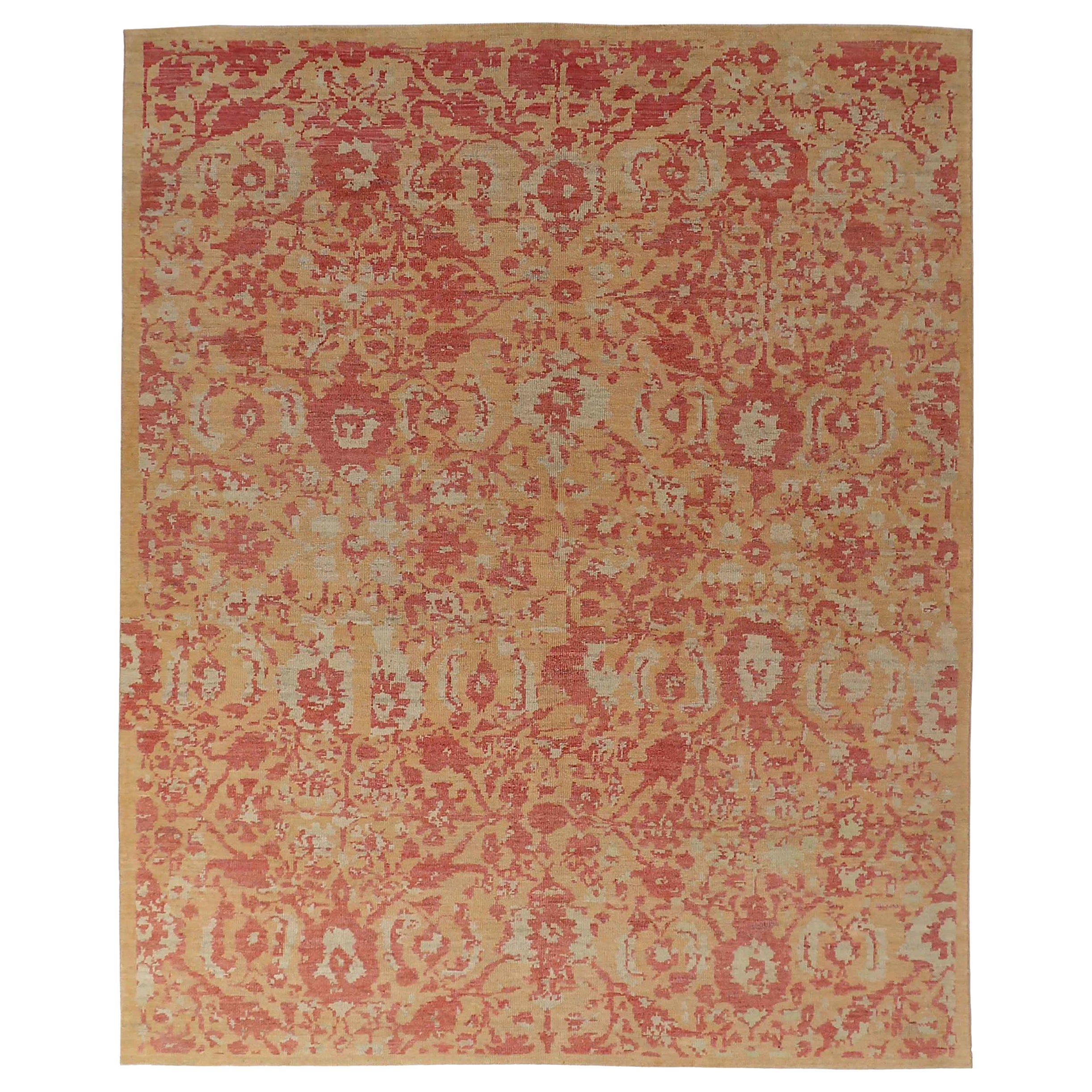 Persian Oushak Area Rugs Circa 1990 - Wool Ivory Orange Red Design - 89048