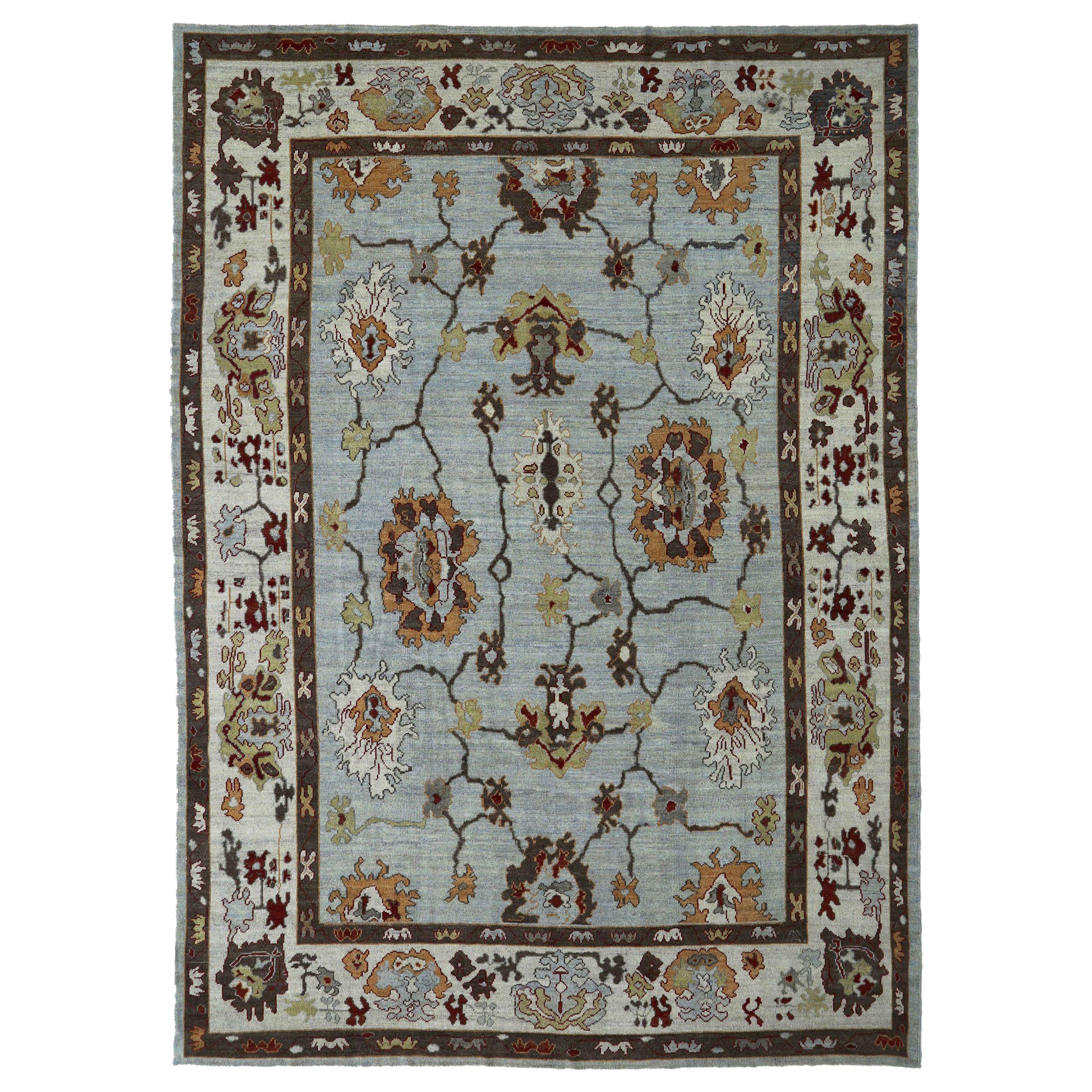 Persian Oushak Area Rugs Circa 1990 - Wool Blue Brown Ivory Design - 89050