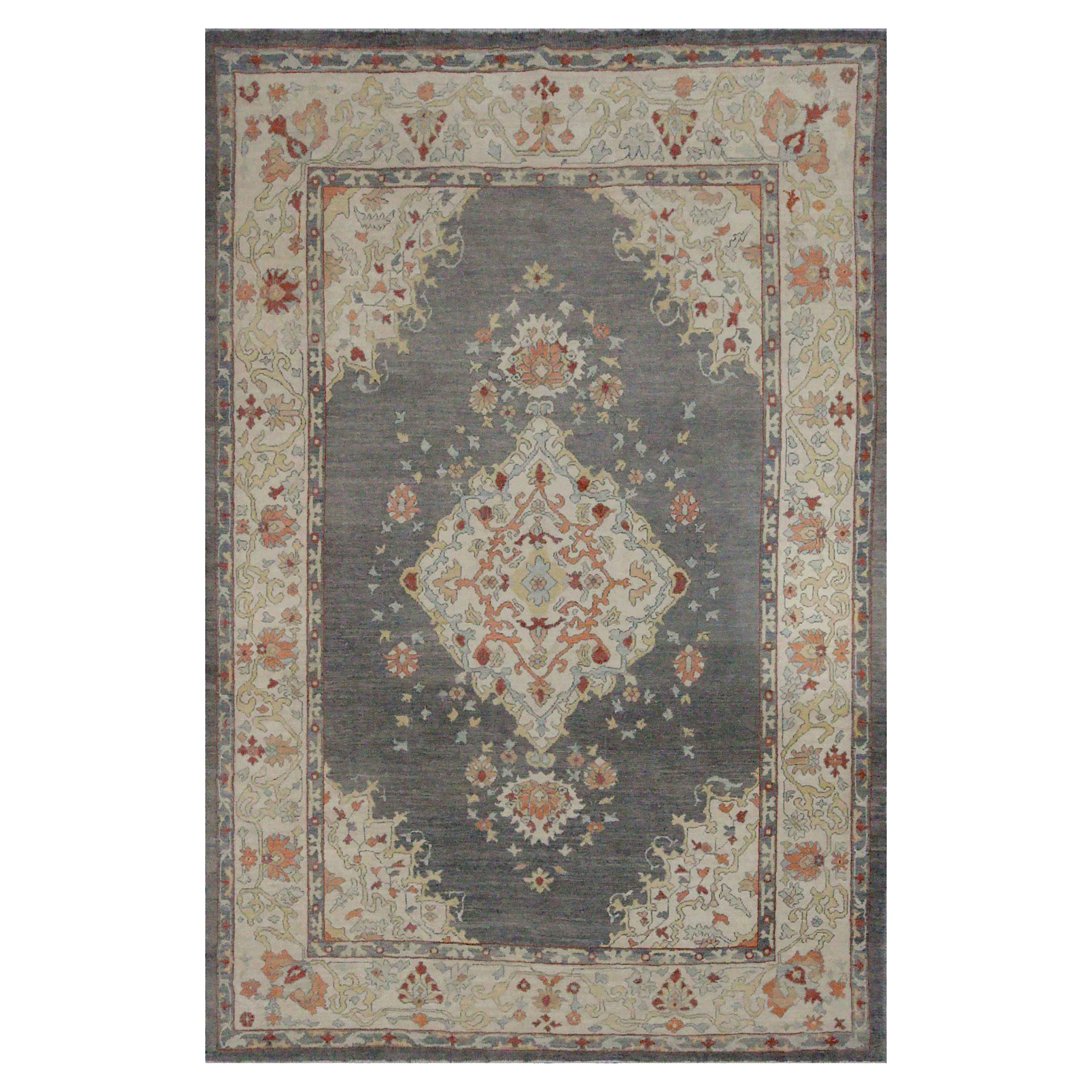 Tapis persans Oushak datant d'environ 1990, motif en laine gris ivoire rose - 89038