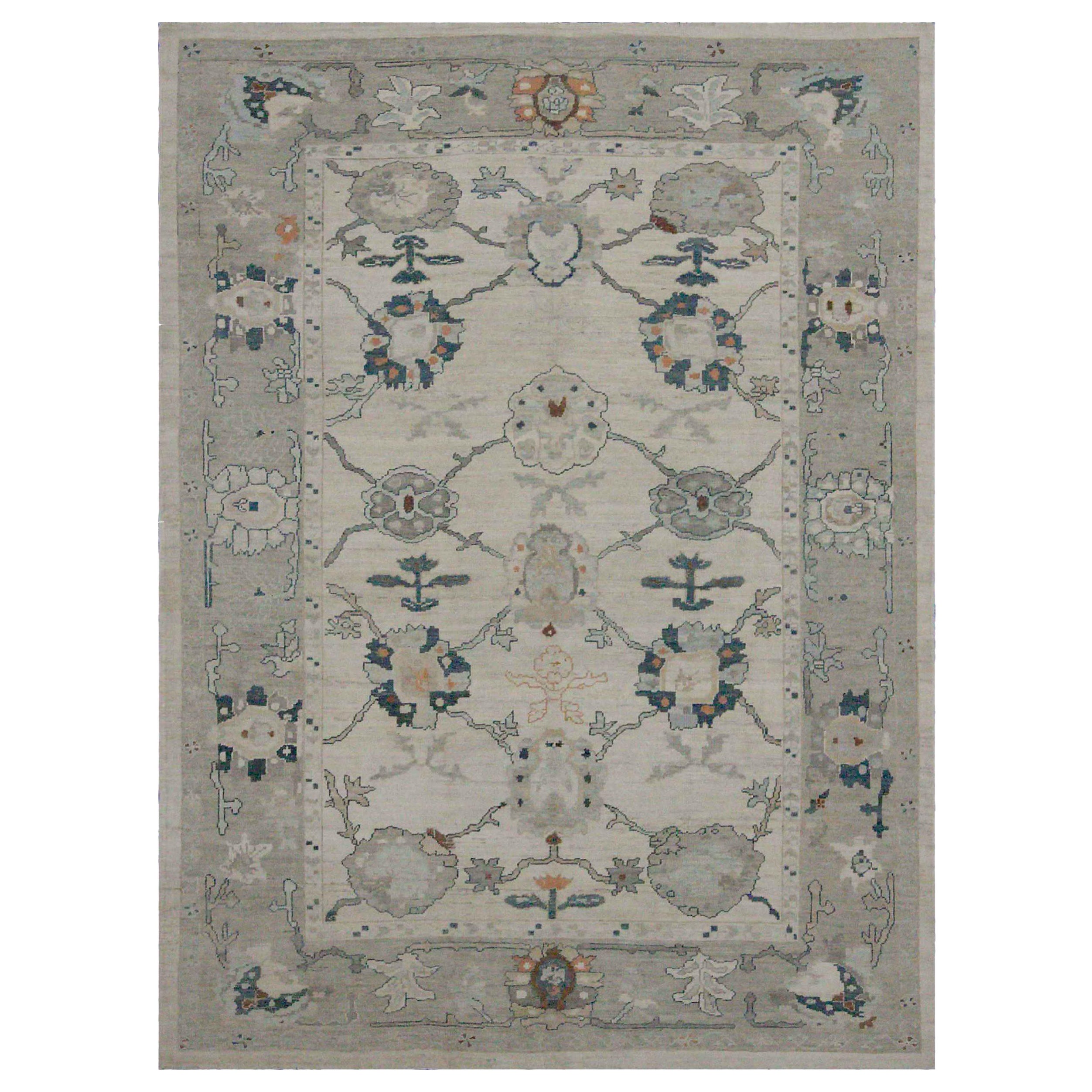 Tapis persans Oushak vers 1990 - Motif gris ivoire en laine - 89051