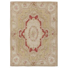 Rug & Kilim’s Aubusson Style Rug in Cream and Green with Red Floral Medallion