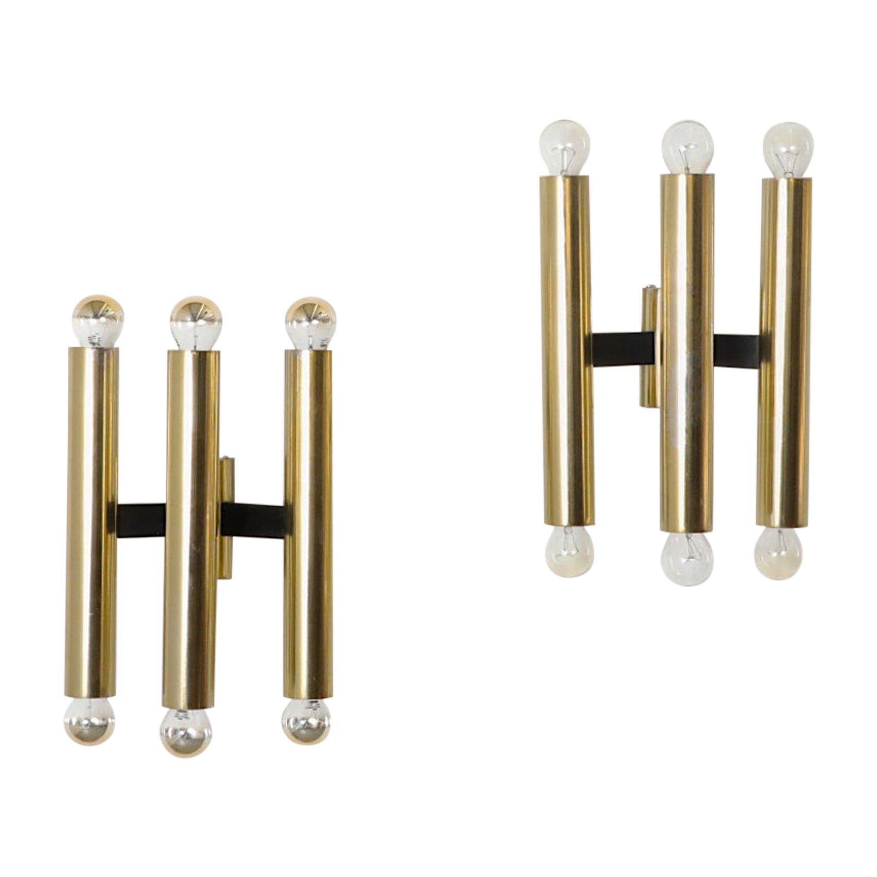 Pair of Sciolari Style Brass Toned Triple Armed Wall Sconces with Black Mounts