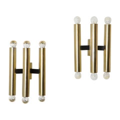Pair of Sciolari Style Brass Toned Triple Armed Wall Sconces with Black Mounts
