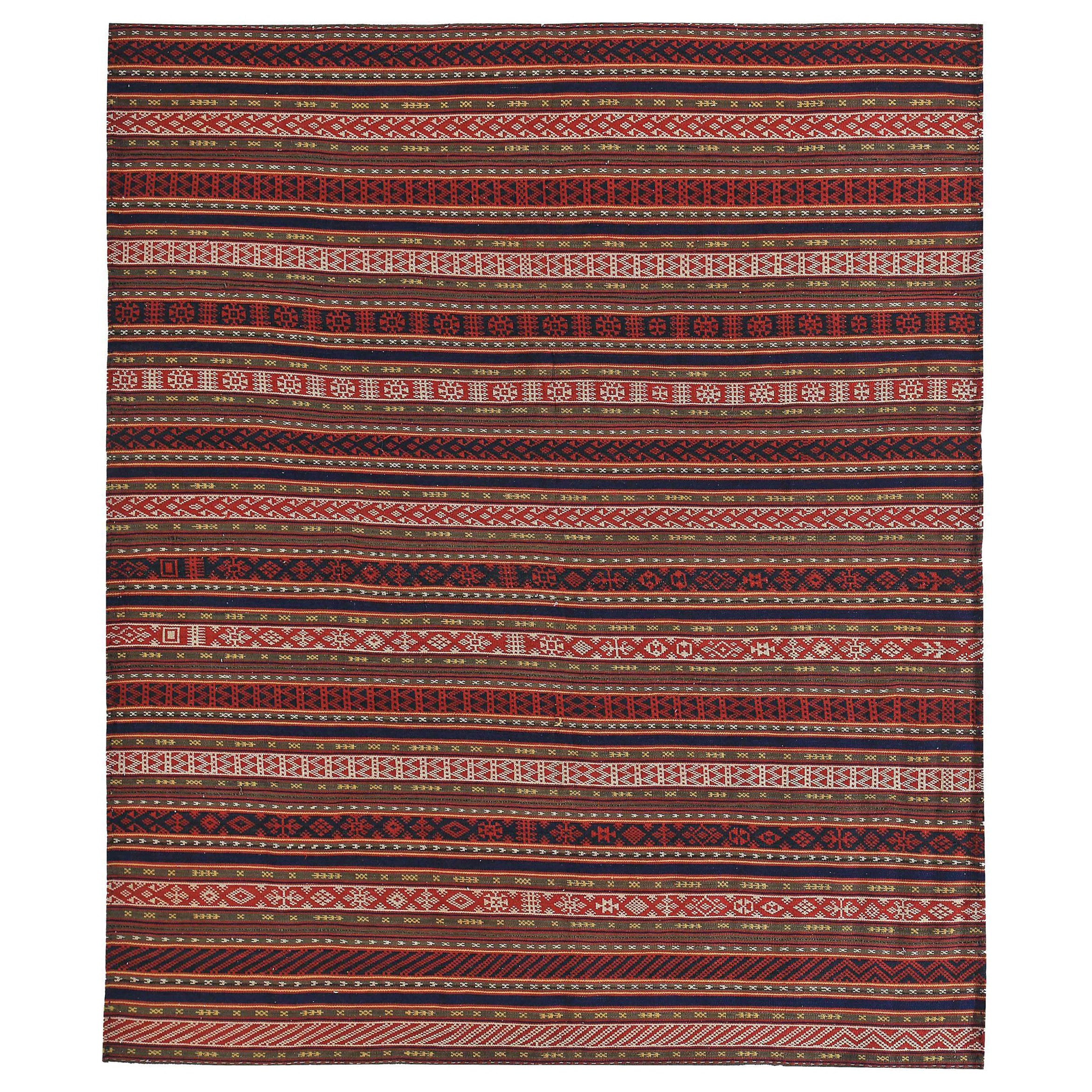 Petit tapis persan Kilim vers 1910 - Laine ivoire bleu marine bleu rouge motif rouge - 89179