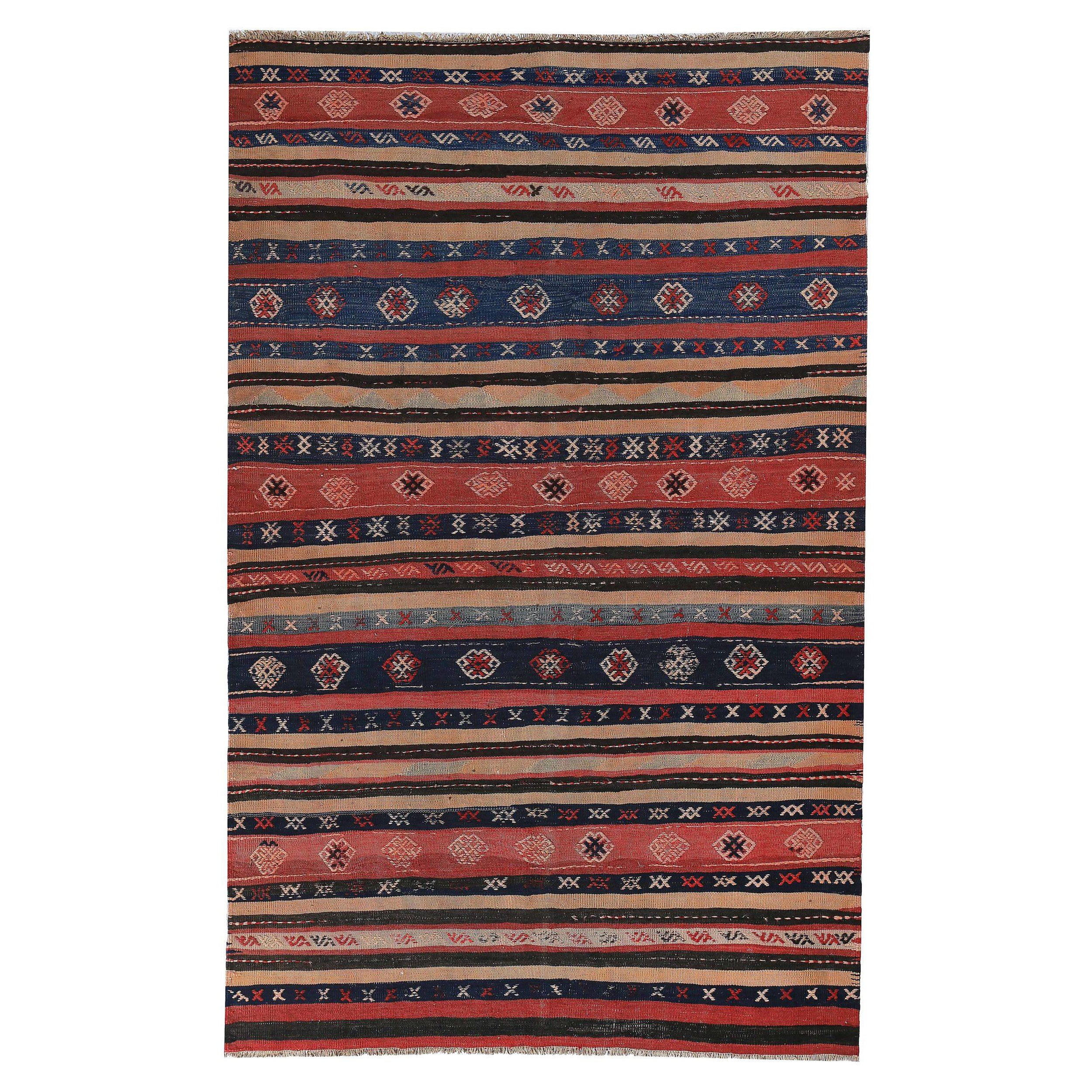 Persischer Kelim-Teppich Circa 1910 - Wolle Schwarz Elfenbein Rot Design - 89202