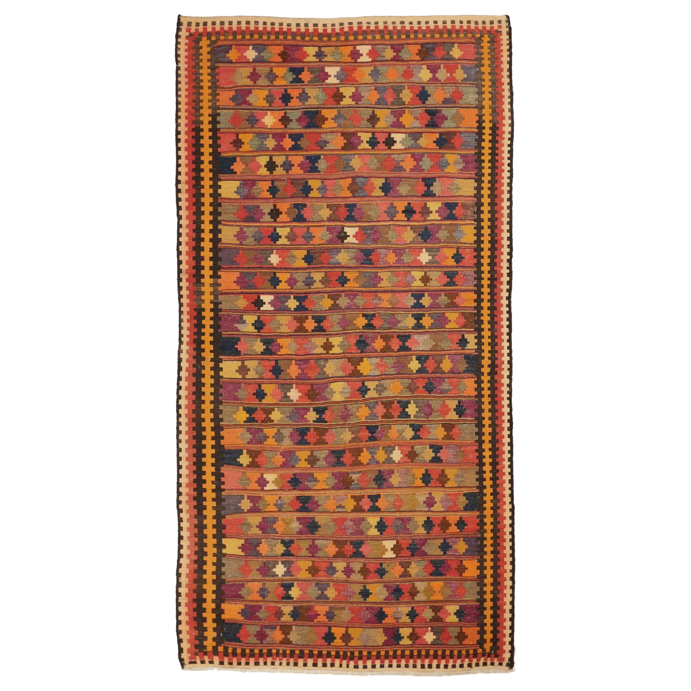 Alfombra Persa Kilim Pequeña Circa 1910 - Lana Naranja Purpel Diseño Amarillo - 89208