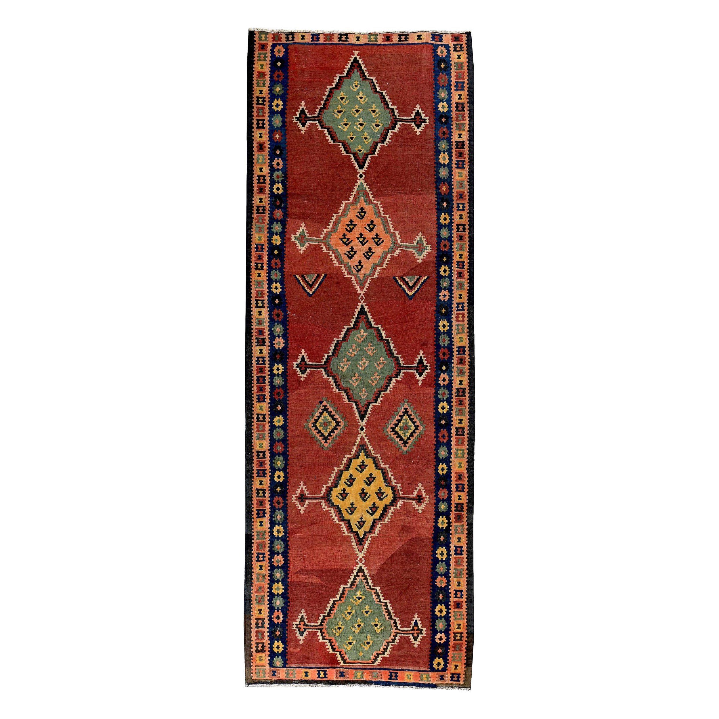 Petit tapis persan Kilim vers 1910 - Laine verte rose rouge motif rouge - 89217