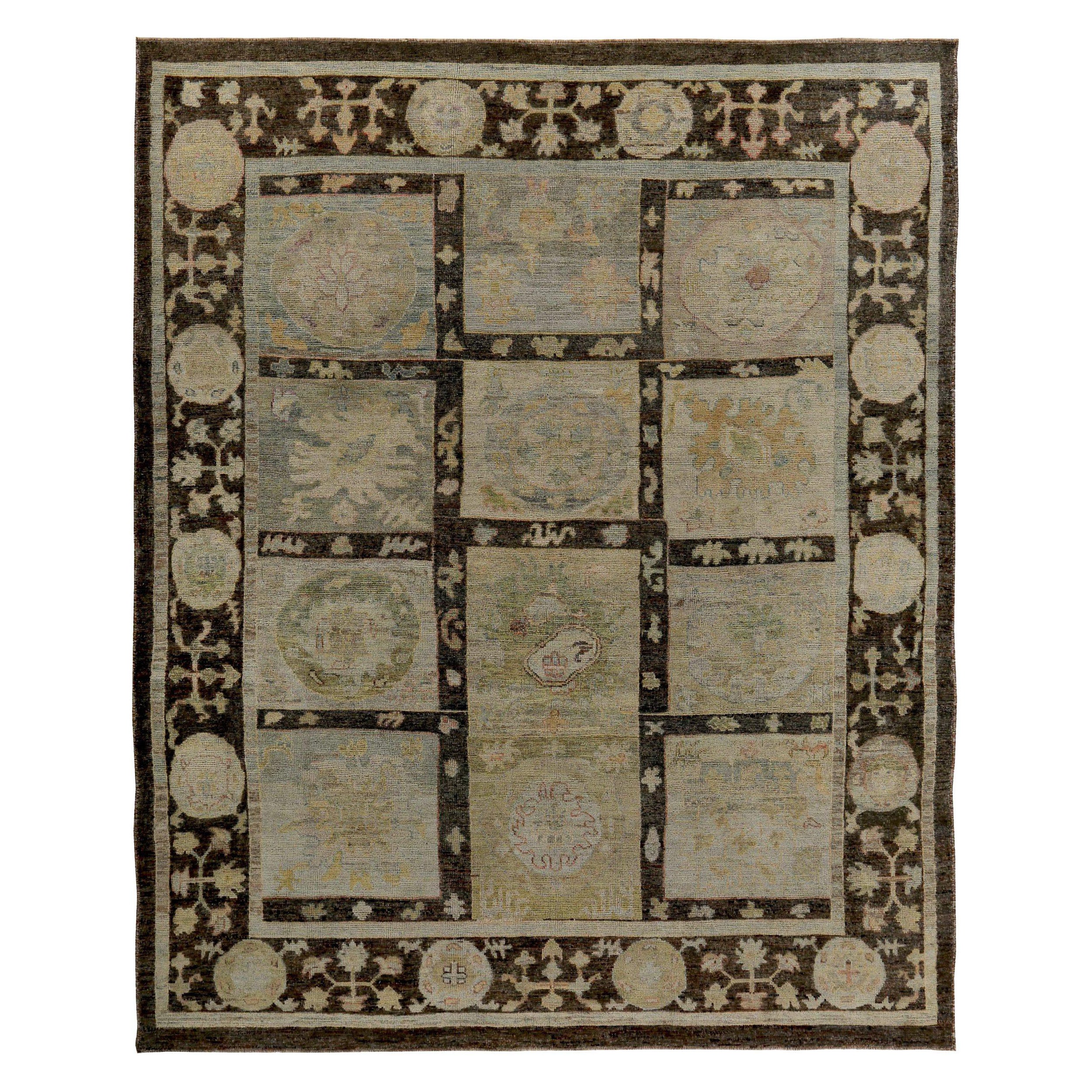 Persian Rose Collection Area Rugs Circa 1990 - Wool Brown Green Ivory - 89276 For Sale