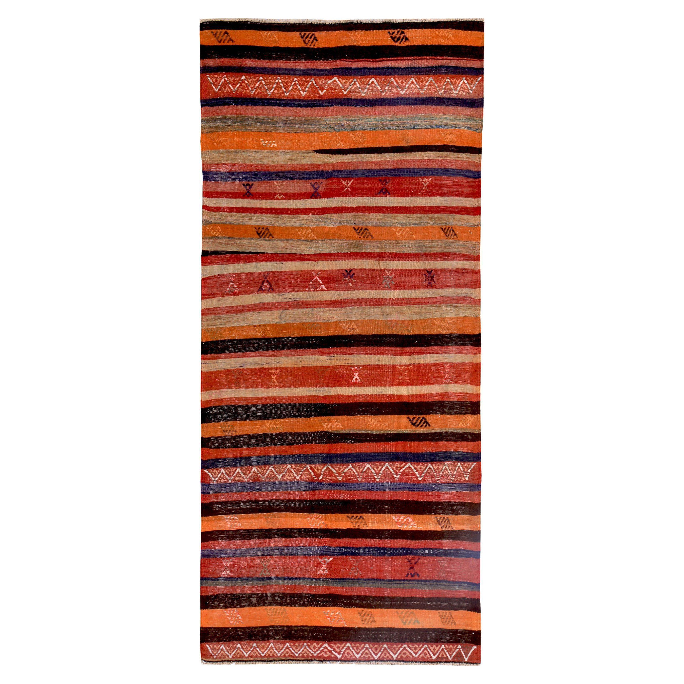 Persian Kilim Small Rug Circa 1910 - Wool Brown Orange Red Design - 89290