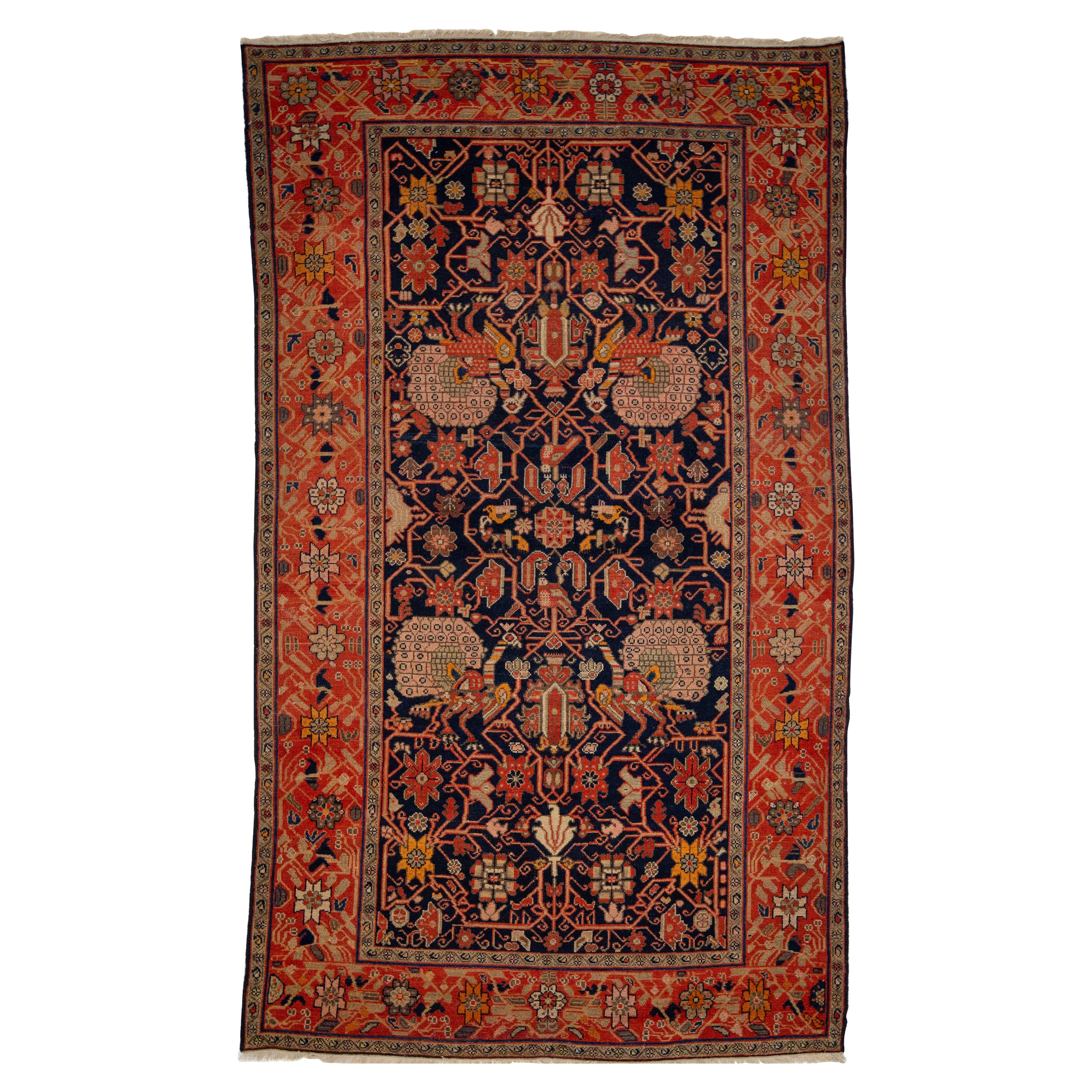 Antique Malayer Persian Designed Wool Rug In Dark Blue