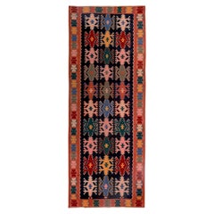Persian Kilim Area Rugs Circa 1910 - Wool Black Green Pink Design - 89321