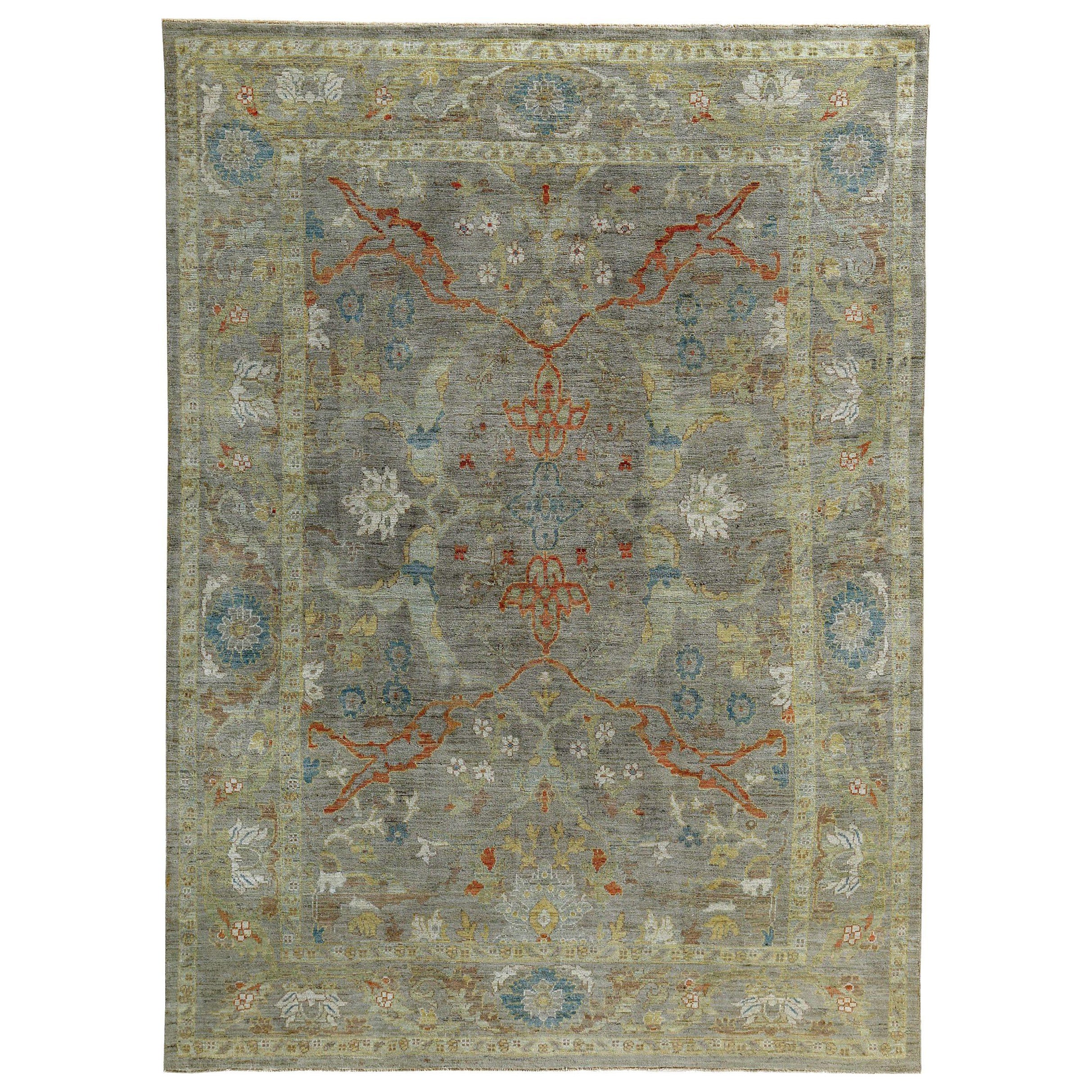 Tapis persans de Sultanabad datant d'environ 1990, motif en laine gris rouge jaune - 89351