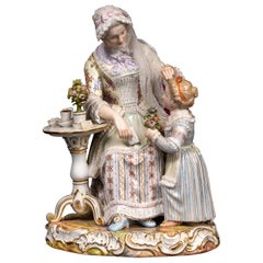 Antique 19th C Meissen Porcelain Grouping of a Mother & her Daughter at Tea-Time w/ Lace