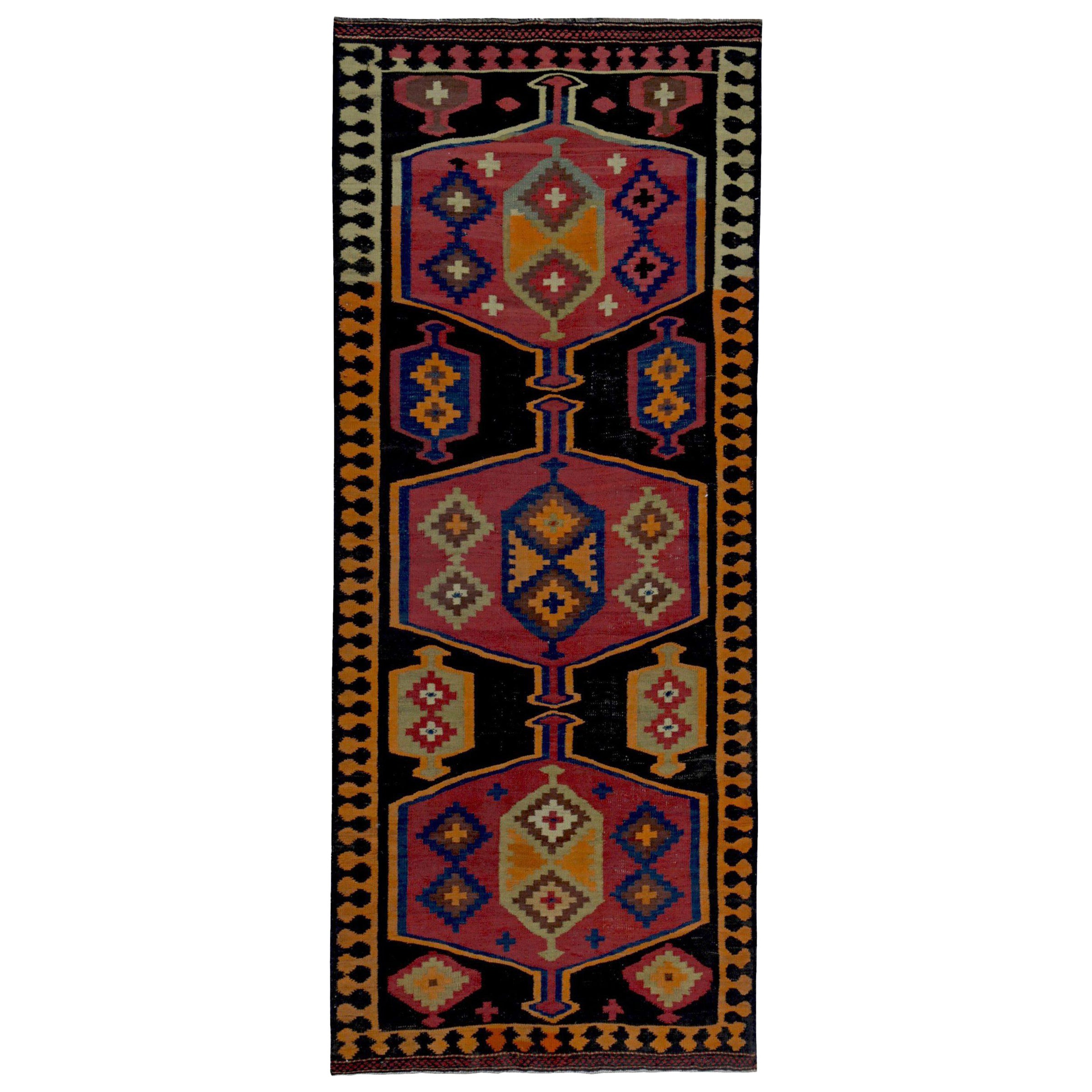 Persian Kilim Runner Rug Circa 1910 - Wool Brown Orange Pink Design - 89395